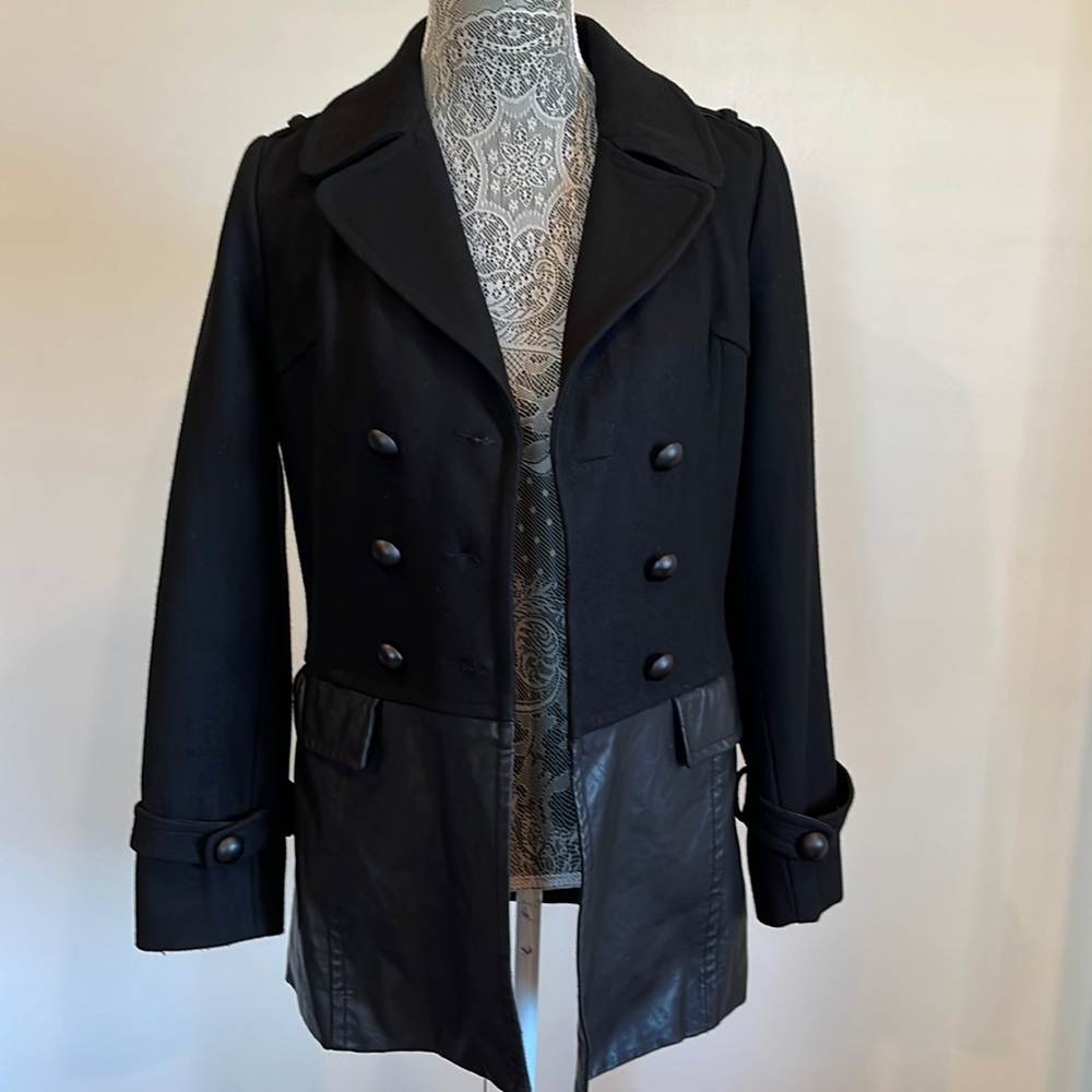 Skies Are Blue Double Breasted Wool Vegan Leather Coat Jacket XS/Small